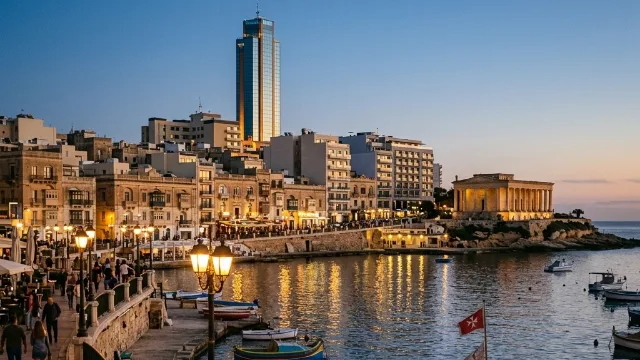 Evening view over the bay of St Julian's in Malta with the waterfront lights reflecting on the water