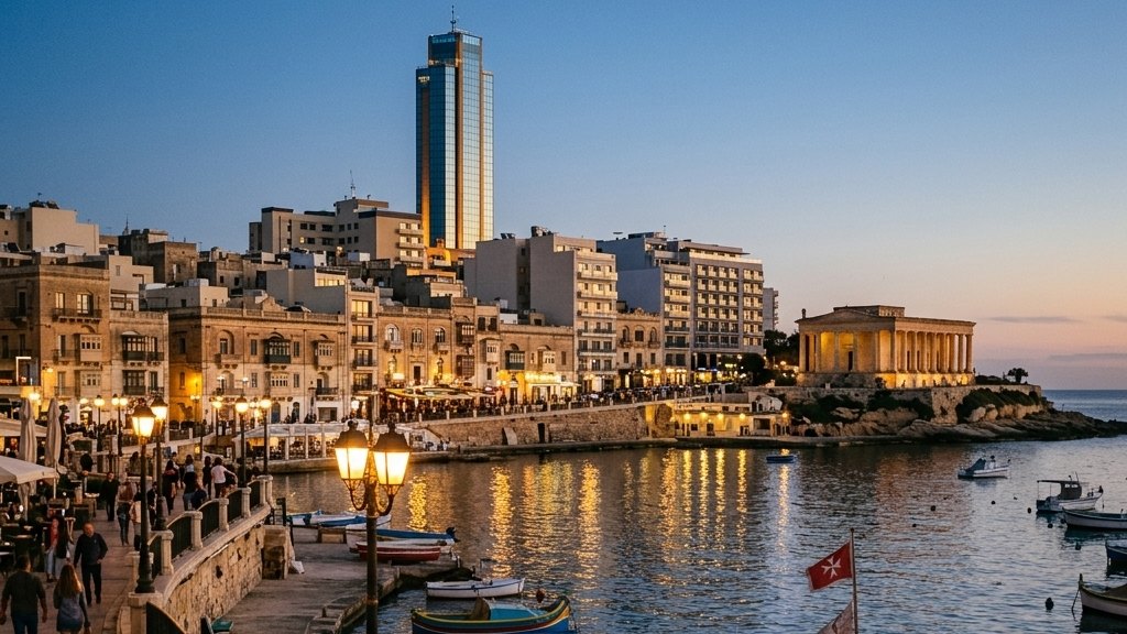 Evening view over the bay of St Julian's in Malta with the waterfront lights reflecting on the water