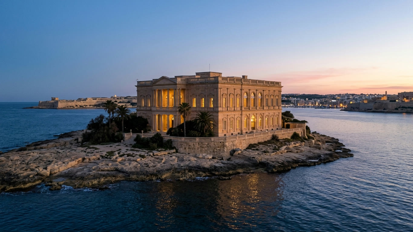 A historic limestone palace on a rocky peninsula by the sea at dusk, with lit windows reflected in the water